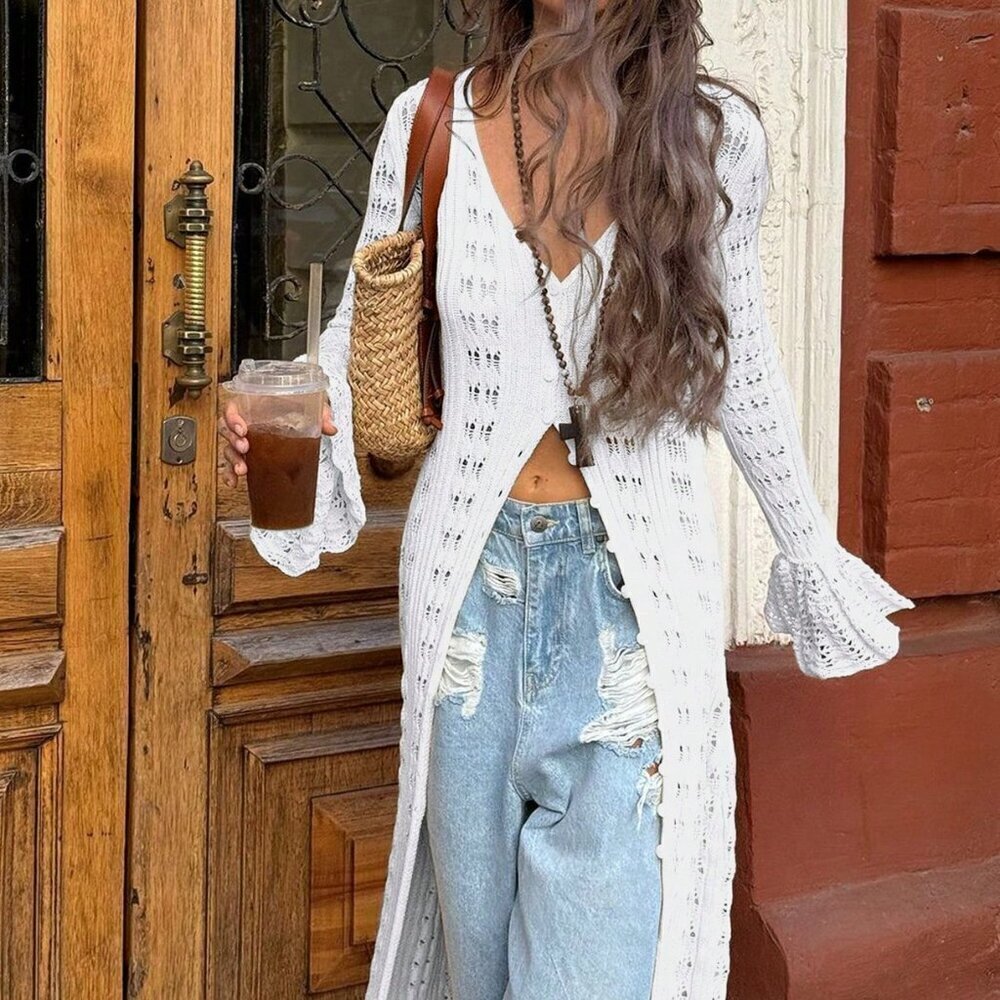 White Casual Women's Sexy V-Neck Long Sleeved Knitted Sun Girl Dress - Picture 7 of 10